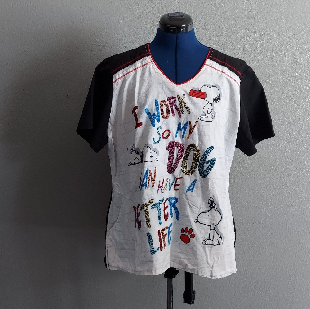 Peanuts Snoopy Women's Scrub Top " I Work So My Dog Can Have A Better Life" XL - Picture 2 of 8